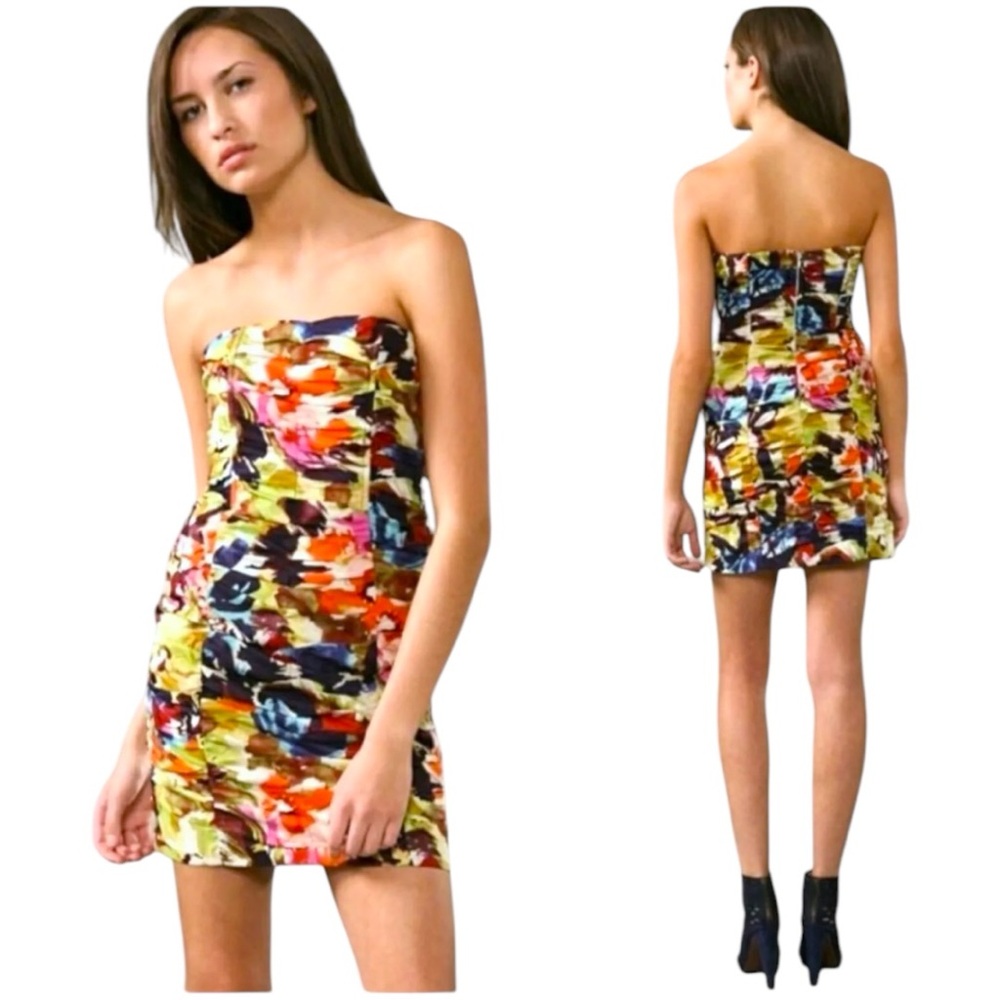 NWT BB Dakota Strapless Ruched Watercolor Floral Print Mini Dress Size 10